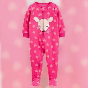 CARTER'S 5T Girls Pink One Piece Footed PJ Hearts Deer Microfleece LS NWT